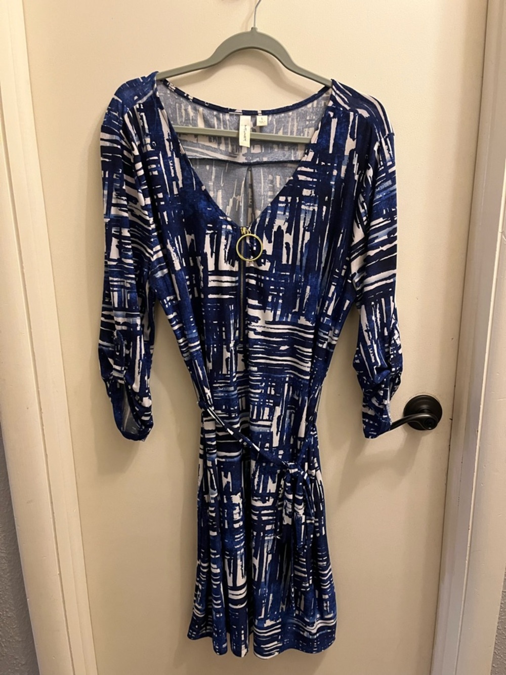 Tacera Navy and White Abstract Print Wrap Dress